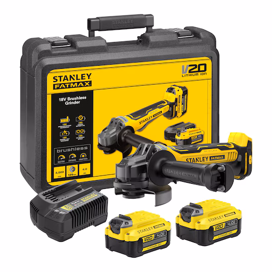 18V STANLEY® FATMAX® V20 Cordless Brushless 125mm Angle Grinder with 2 x 4.0Ah Lithium Ion Batteries and Kit Box